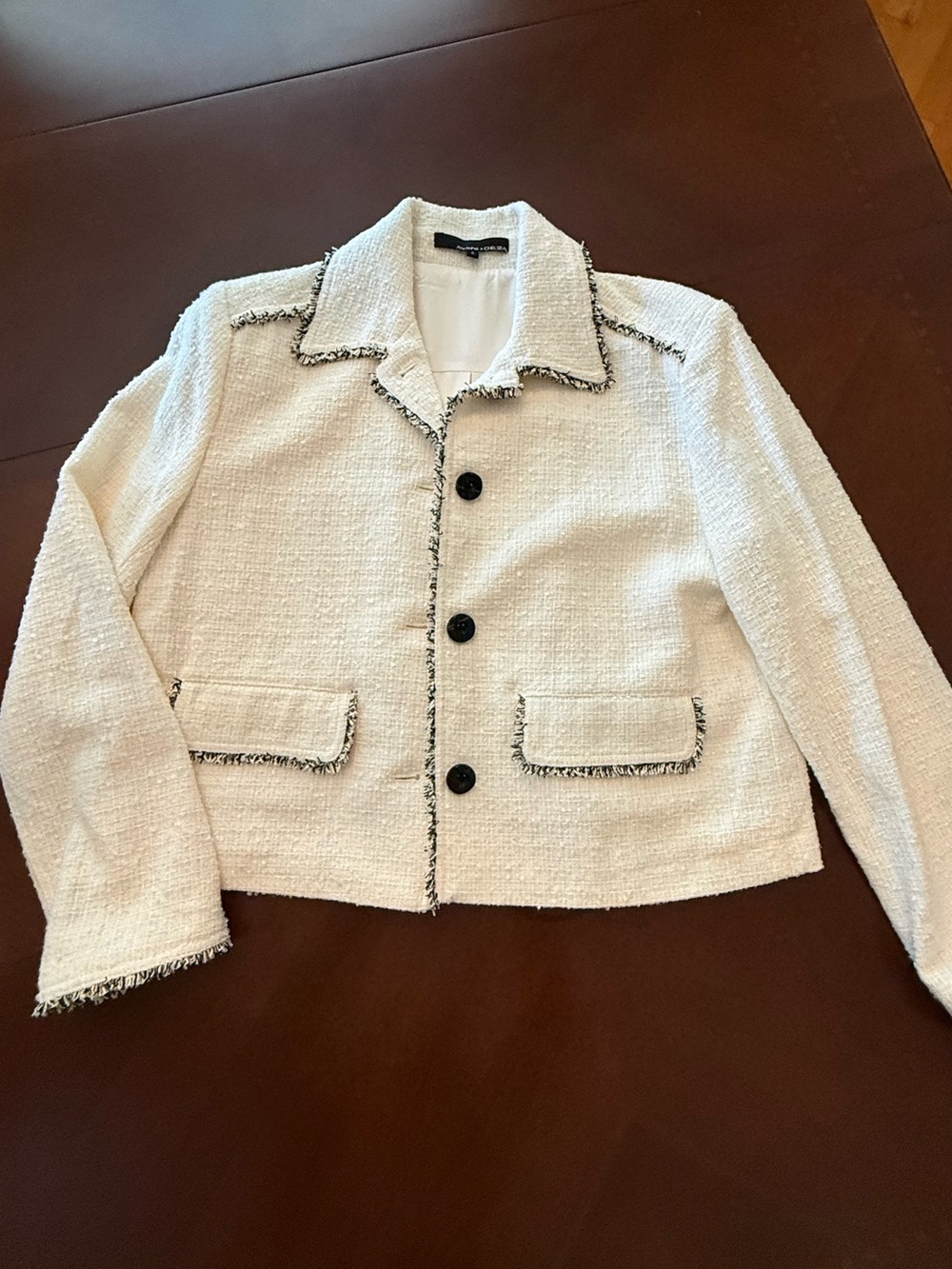 NWT Amanda + Chelsea Tweed Jacket S Natural Black Fringe Cotton Blazer